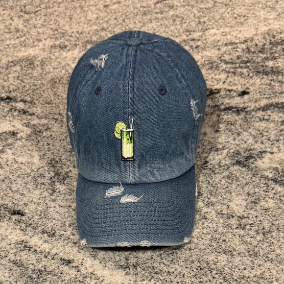 New Custom Designed Blue Distressed Baseball Cap with Embroidered Mojito